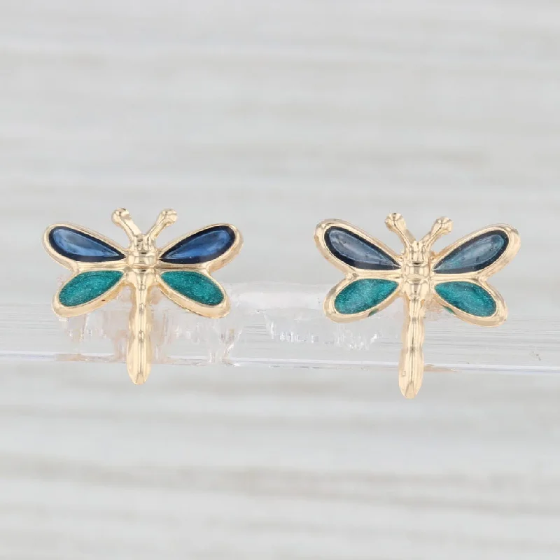 women's earrings silver -Dragonfly Stud Earrings 14k Yellow Gold Blue Enamel Insect Jewelry