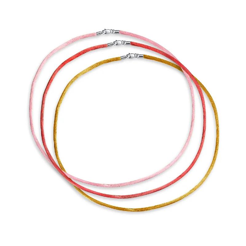 women's necklaces with custom engraving -Set of Three Satin Cord Necklaces Pink Red Yellow 16" with Silver Clasp