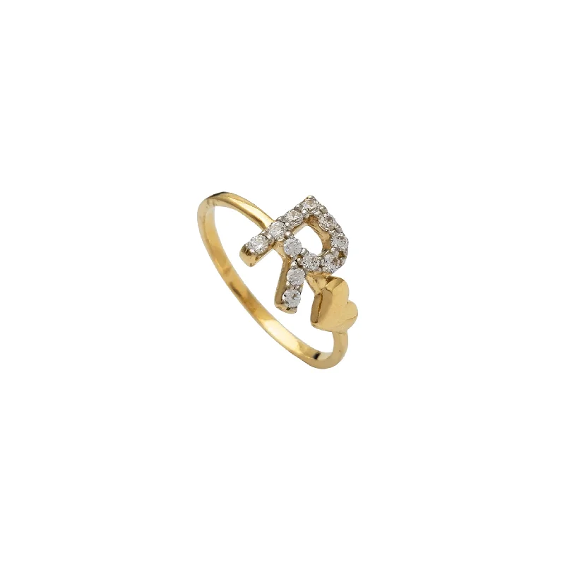 women's rings with yellow gold band -Zirconia Initial Letter "R" & Heart Solitaire Ring (14K)