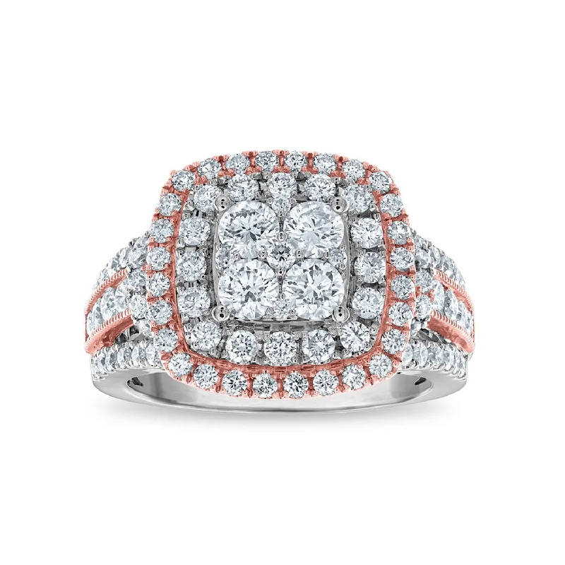 women's engagement rings with diamond accents -2 CTW Diamond Halo Cushion Shape Ring in 14KT White and Rose Gold