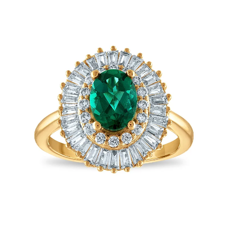 women's engagement rings with oval-cut diamond -Emerald and Diamond Halo Ring in 10KT Yellow Gold