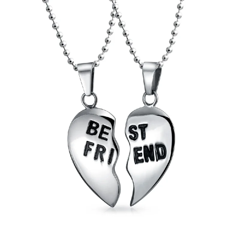 women's necklaces with simple pendant -Break Apart Heart Pendant Necklace for BFF - Silver Tone Stainless Steel