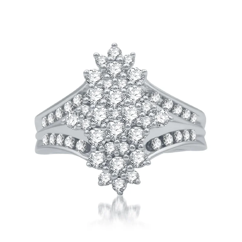 women's engagement rings with contemporary style -1 CTW Diamond Cluster Fashion Ring in Rhodium Plated Sterling Silver