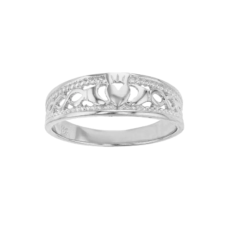 women's rings with heart-shaped gemstone -Textured Claddagh Band Ring (Silver)