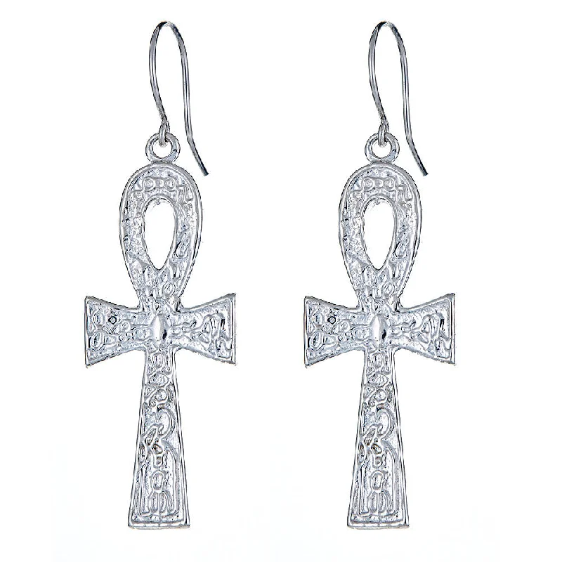 women's earrings with bold design -Etched Ankh Cross .925 Sterling Silver Earrings