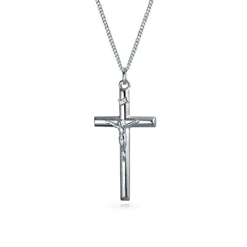 women's necklaces with two-tone design -Unisex Sterling Silver Jesus Crucifix Pendant Necklace - 2 Inch Religious Jewelry