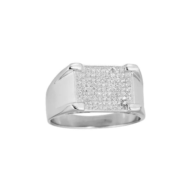 women's rings with white gold band -Iced-Out Rectangle Men's Ring (Silver)