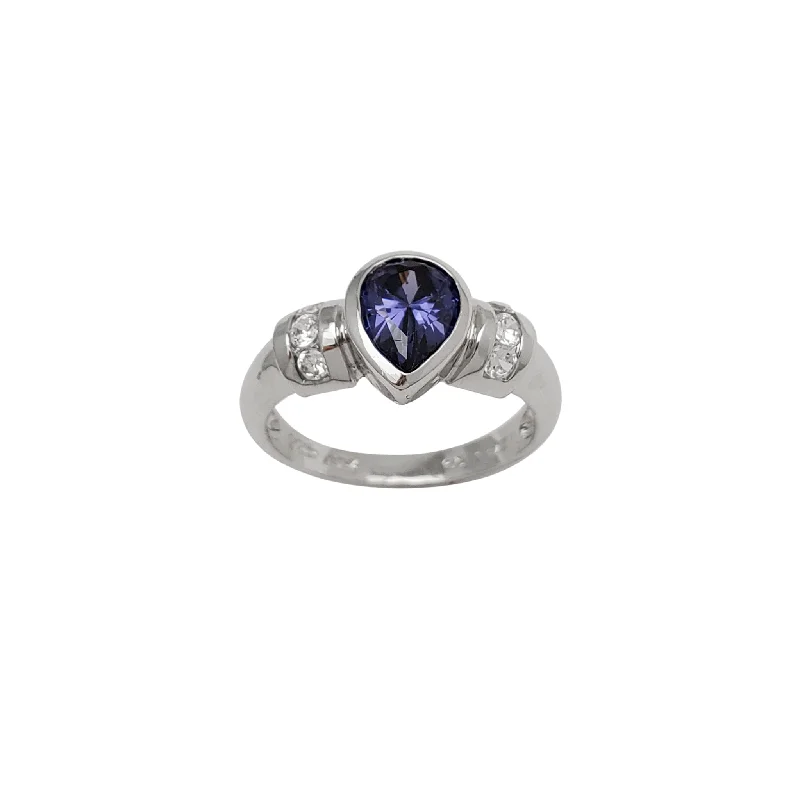 women's rings with halo setting -Blue Pear-Shaped Bezel Zirconia Lady Ring (Silver)