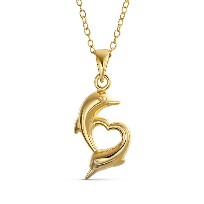 women's necklaces with chain link -Nautical Heart Dolphins Charm Pendant Necklace in 14K Gold Plated Silver