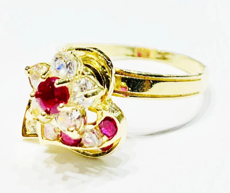 women's rings with curved design -Flower and double heart motion CZ ring (14K).