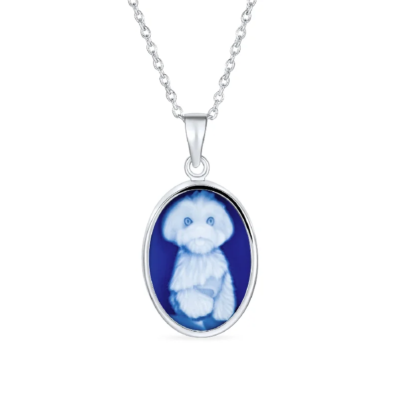 women's necklaces with unique charms -Vintage Blue Carved Fluffy Dog Portrait Cameo Pendant Necklace Silver