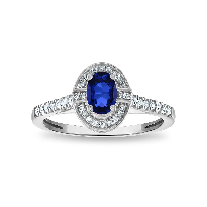 women's engagement rings with custom design -LoveSong 6X4MM Oval Sapphire and Diamond Halo Ring in 10KT White Gold