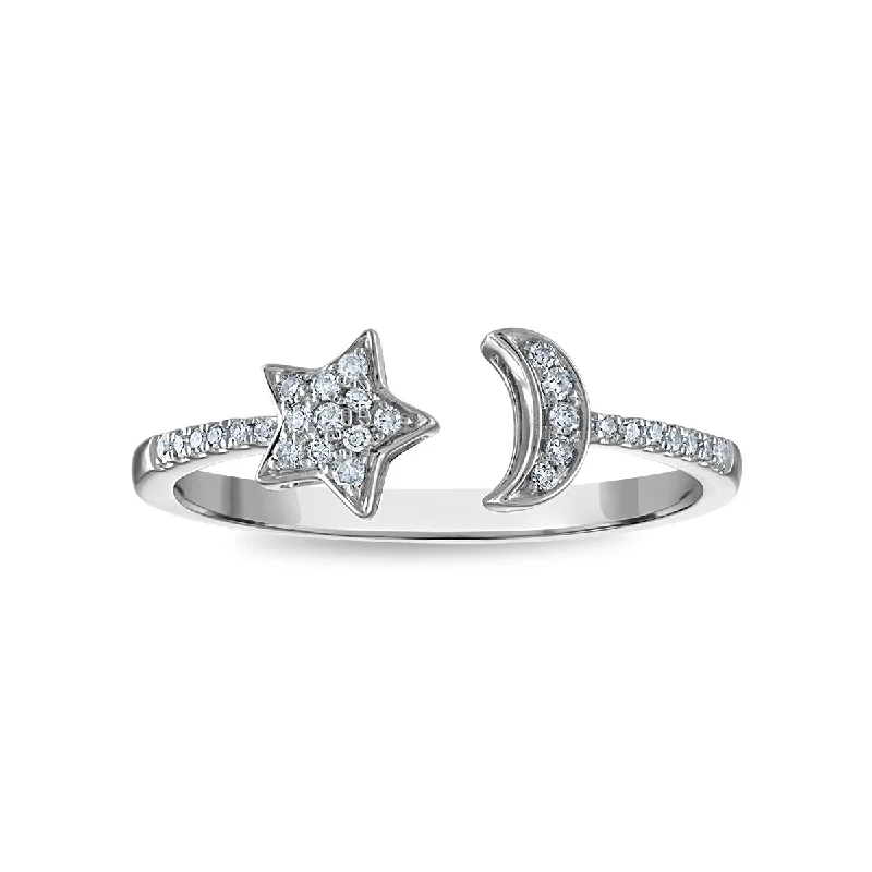 women's engagement rings with side gemstone accents -1/10 CTW Diamond Star and Moon Ring in 10KT White Gold