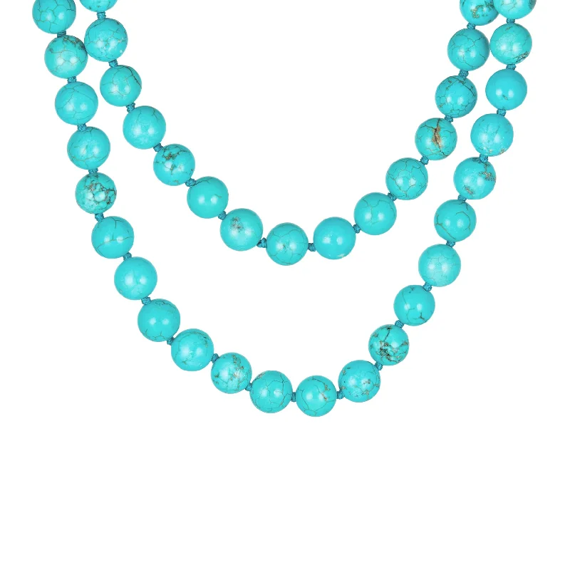 women's necklaces with colored stones -Classic Western 10MM Bead Strand Necklace 36" Double Wrap Turquoise Silver