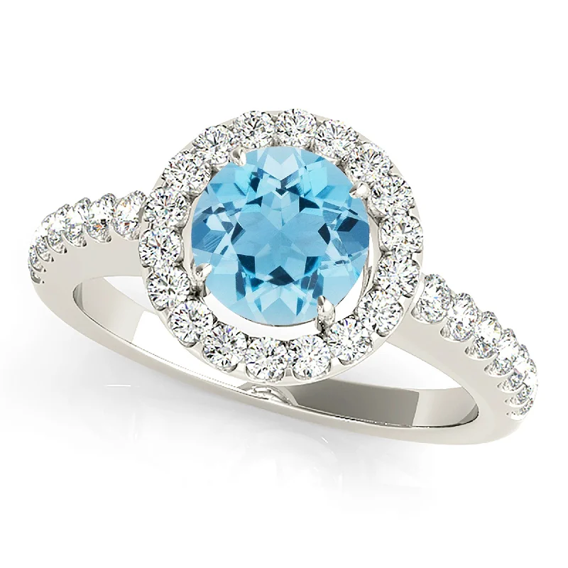 women's engagement rings with intricate details -1.10 ct. Genuine Aquamarine Ring With Halo, Delicate Thin Diamond Band