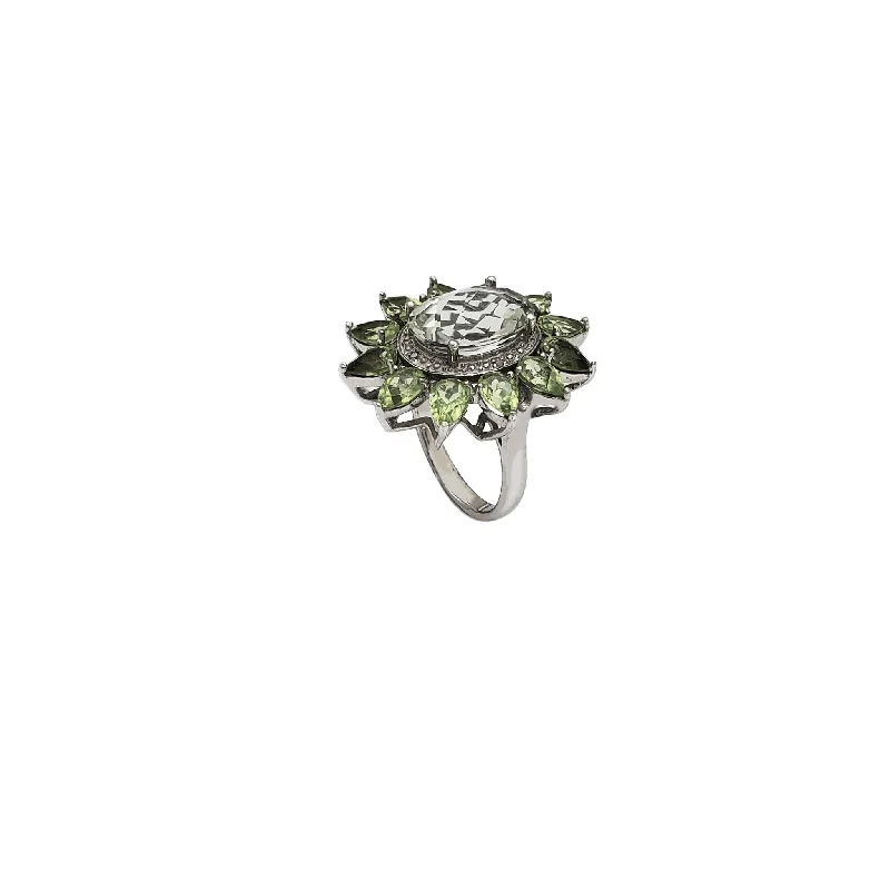 women's rings with stacked band -Green Sun Flower CZ Ring (Silver)