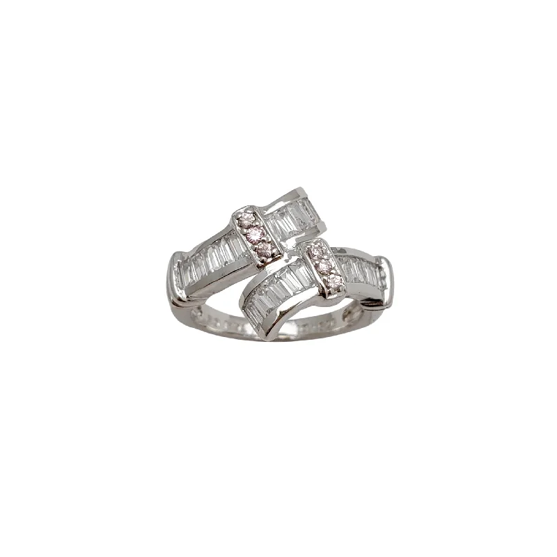 women's rings with antique style -Round Rosé & Baguettes Zirconia Channel-Setting Bypass Ring (Silver)