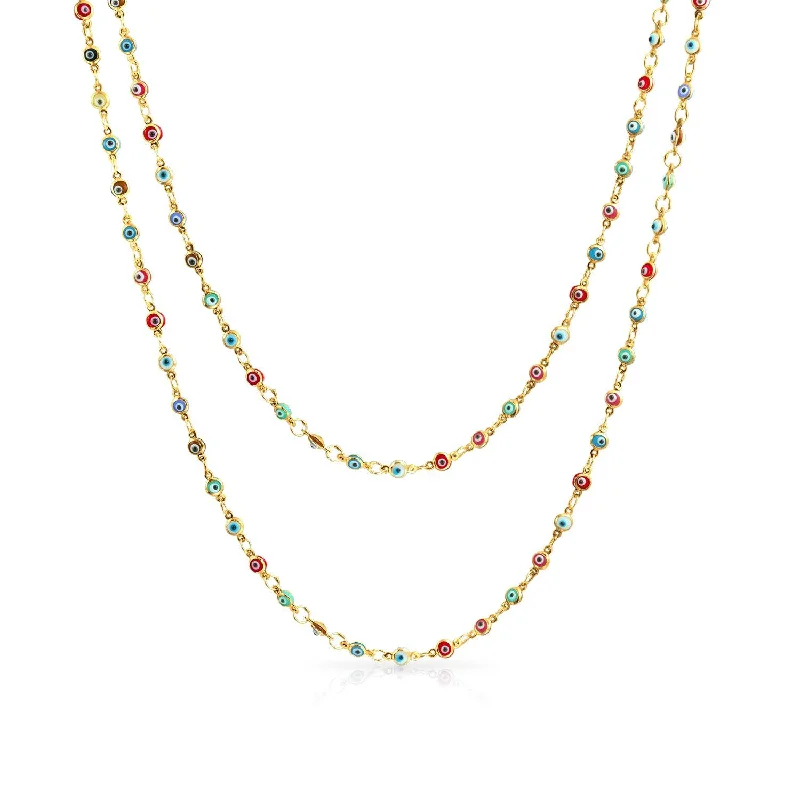 women's necklaces with sparkling gems -Delicate Multi-Color Strand Necklace with Evil Eye 14K Gold Plated Sterling Silver