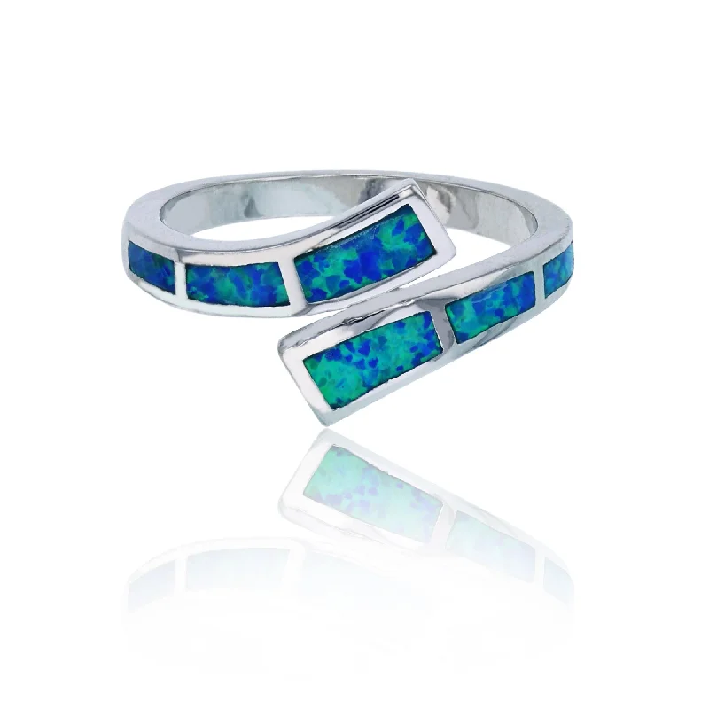 women's rings with side stones -Created Blue Opal Overlapped Fashion Ring (Silver)