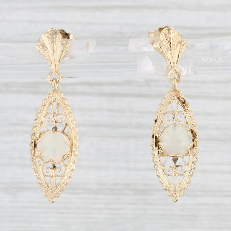 women's earrings with multi-layered design -Opal Filigree Dangle Earrings 14k Yellow Gold Pierced Drops