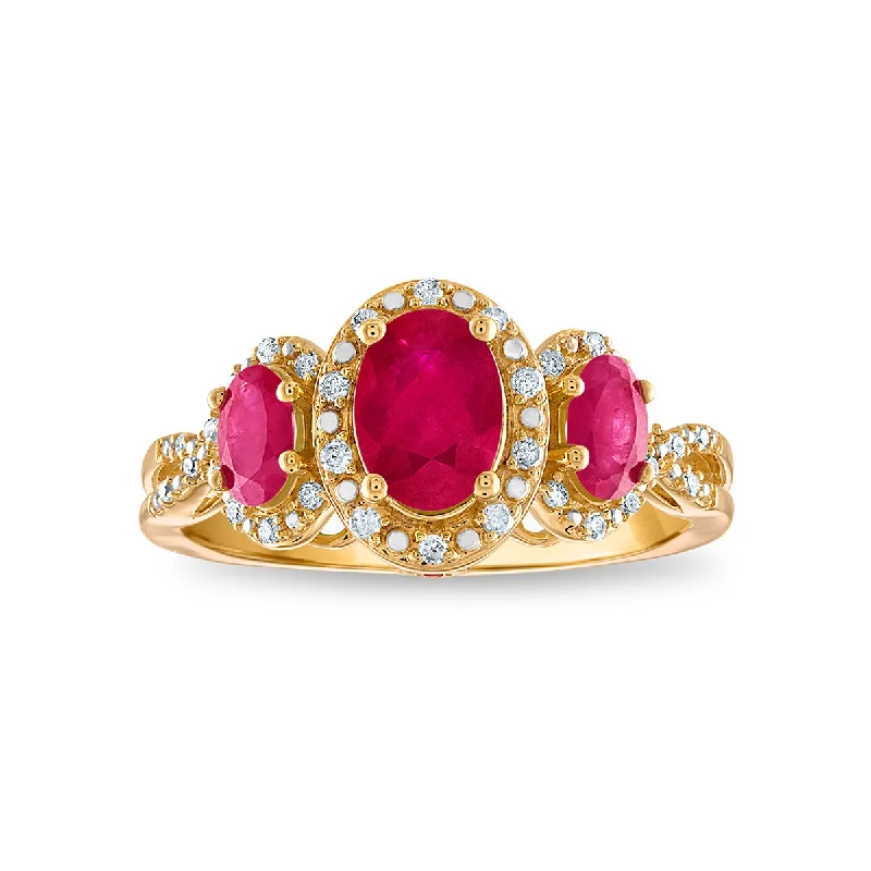 women's engagement rings with heart-shaped diamond -LoveSong Oval Ruby and Diamond Three Stone Ring in 10KT Yellow Gold