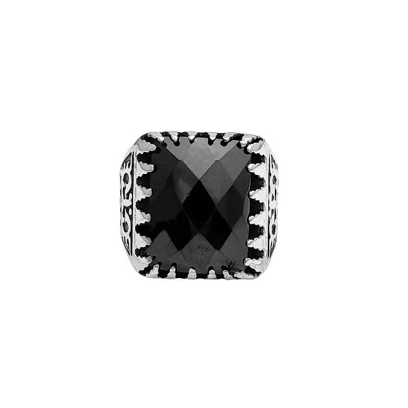 women's rings with textured band -Faceted Cut Black Onyx Men's Ring (Silver)