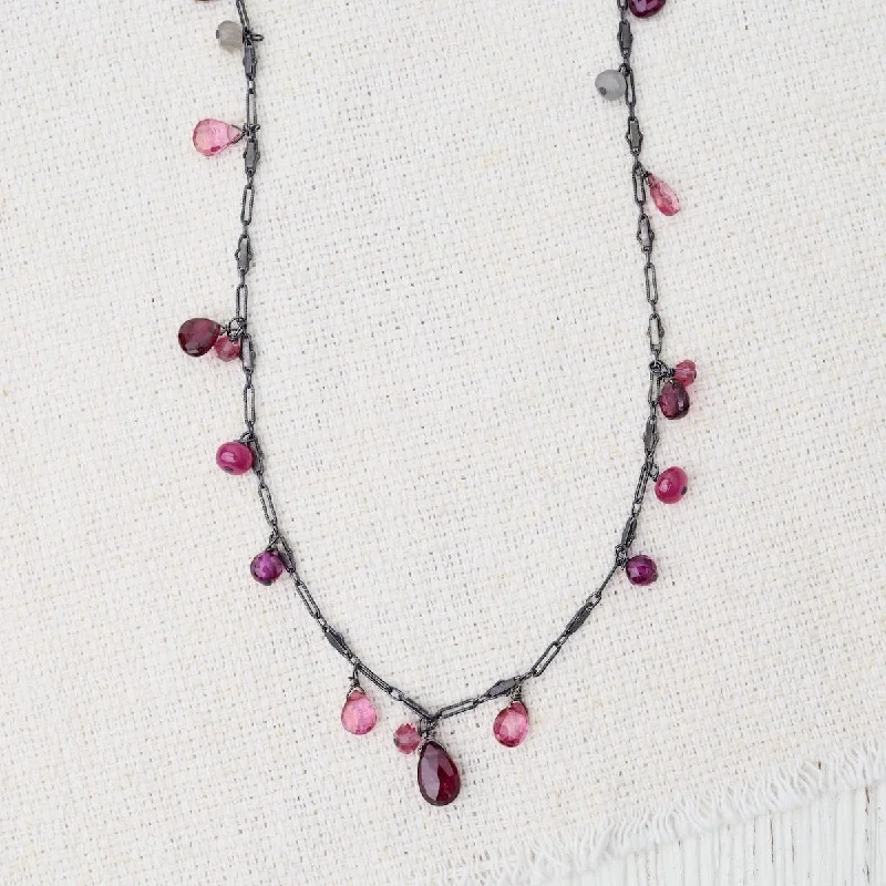 women's necklaces with flower-shaped pendant -Oxidized Silver Garnet & Tourmaline Rain Drops Necklace