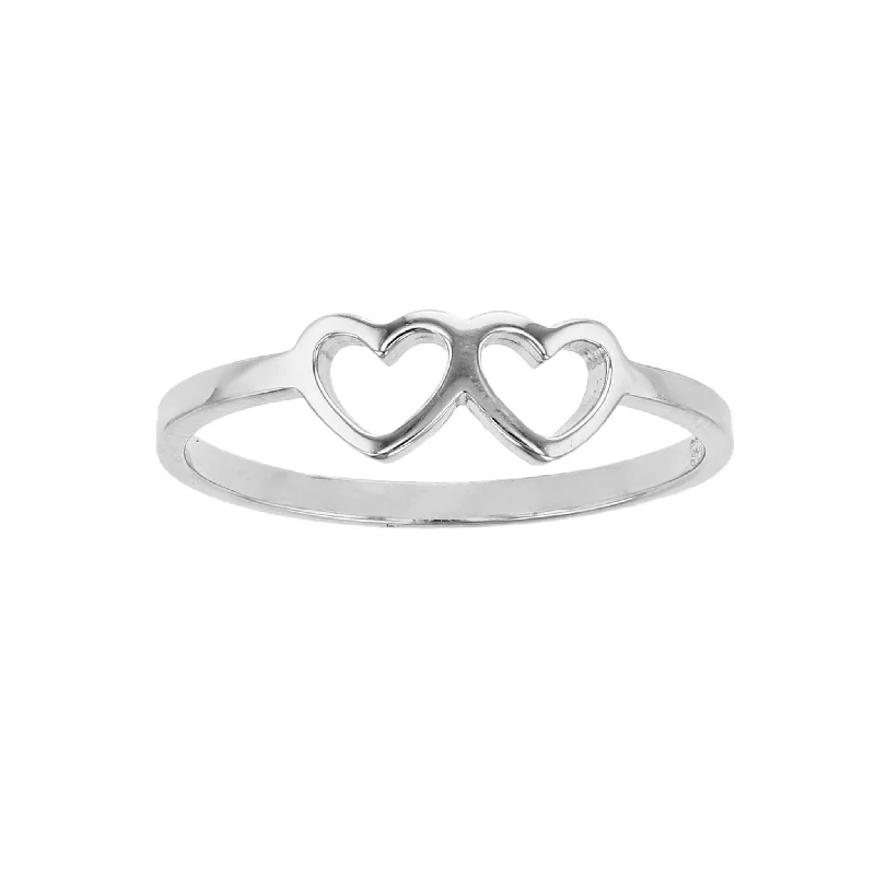 women's rings with open setting -Double Outlined Hearts Ring (Silver)