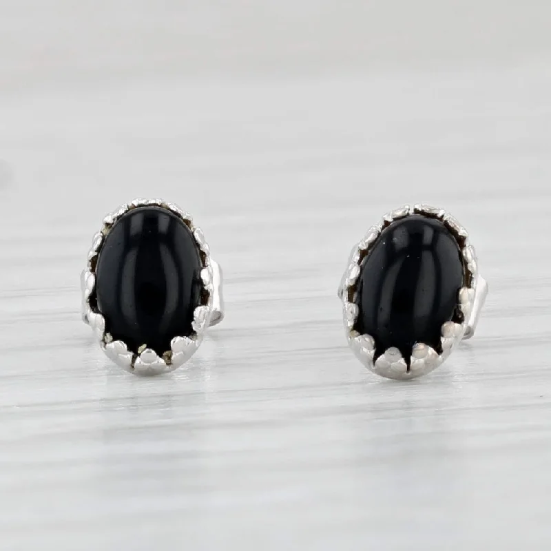 women's earrings with artistic accents -Black Onyx Stud Earrings 14k White Gold Oval Cabochon Solitaires