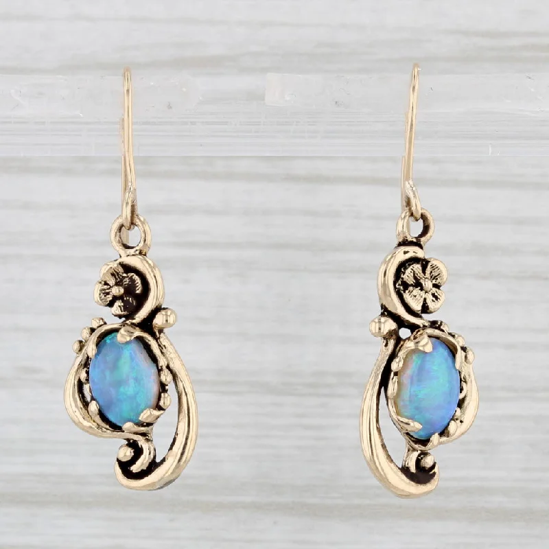 women's earrings with silver-plated finish -Vintage Floral Blue Opal Dangle Earrings 14k Yellow Gold Hook Posts