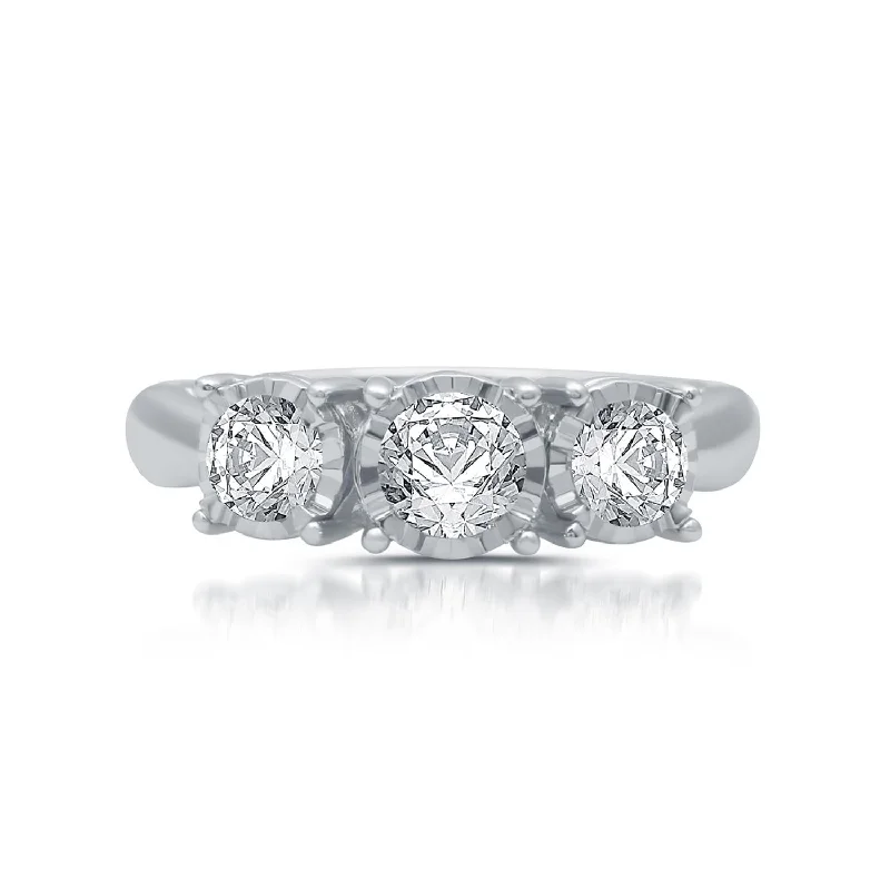 women's engagement rings with subtle sparkle -1 CTW Diamond Illusion Set Three Stone Anniversary Ring in 10KT White Gold