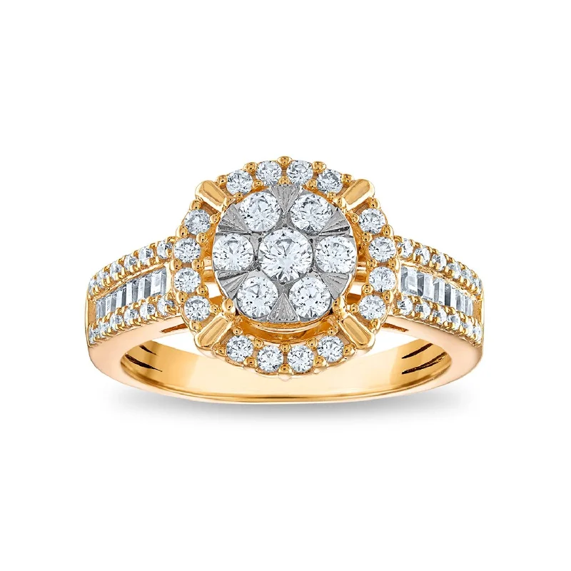 women's engagement rings with side diamonds -Red Hot Deal   3/4 CTW Diamond Halo Cluster Ring in 10KT White and Yellow Gold