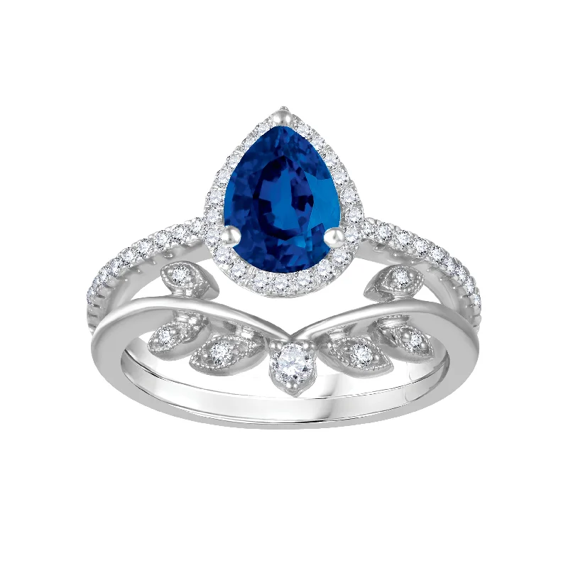 women's engagement rings with round stone center -LoveSong EcoLove Blue Sapphire and Diamond Halo Bridal Set in 10KT White Gold