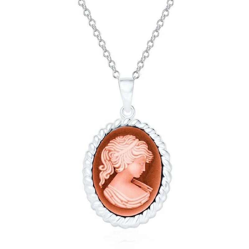 women's necklaces silver -Classic Victorian Lady Portrait Cameo Pendant Necklace Sterling Silver Brooch