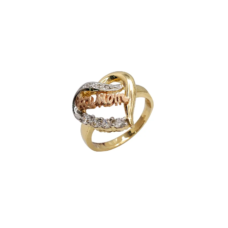 women's rings with geometric design -Zirconia Tricolor Regal #1 Mom Heart Ring (14K)