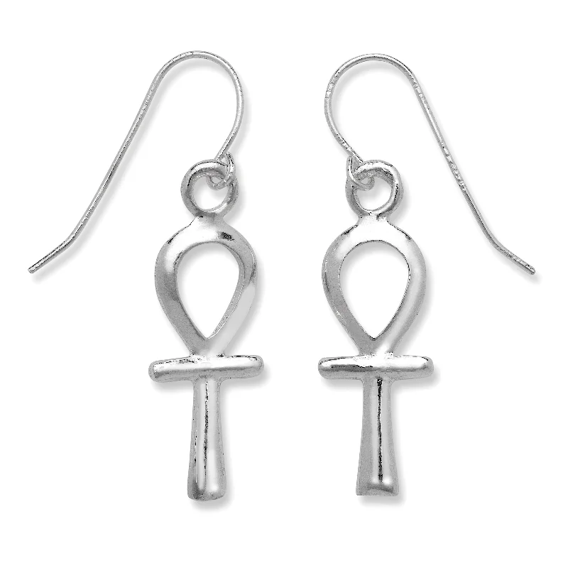 women's earrings with multi-colored stones -Small Egyptian Ankh Cross .925 Sterling Silver Earrings