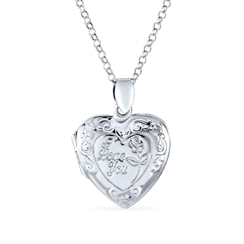 women's necklaces with long-lasting finish -I LOVE YOU Puff Heart Locket Necklace Sterling Silver Photo Holder