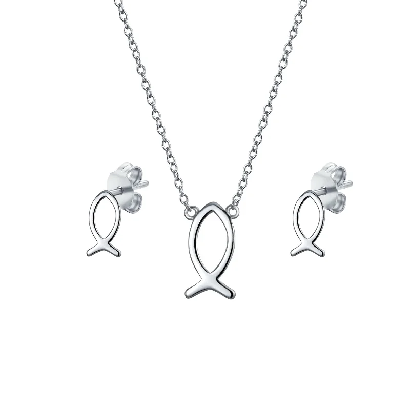 women's necklaces with layered pendants -Dainty Ichthys Pendant Necklace & Stud Earrings - Sterling Silver Jewelry Set