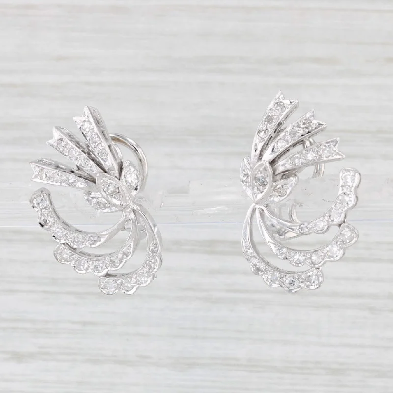 women's earrings with vintage style -0.65ctw Diamond Spray Earrings 14k White Gold Omega Backs Non Pierced Clip On