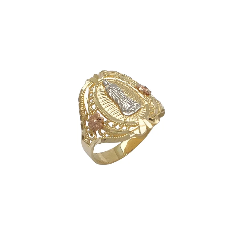 women's rings with decorative accents -Tricolor Milgrained Frame Virgin Mary Ring (14K)