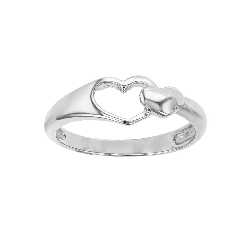 women's rings with side stones -Outlined & Puffy Hearts Ring (Silver)