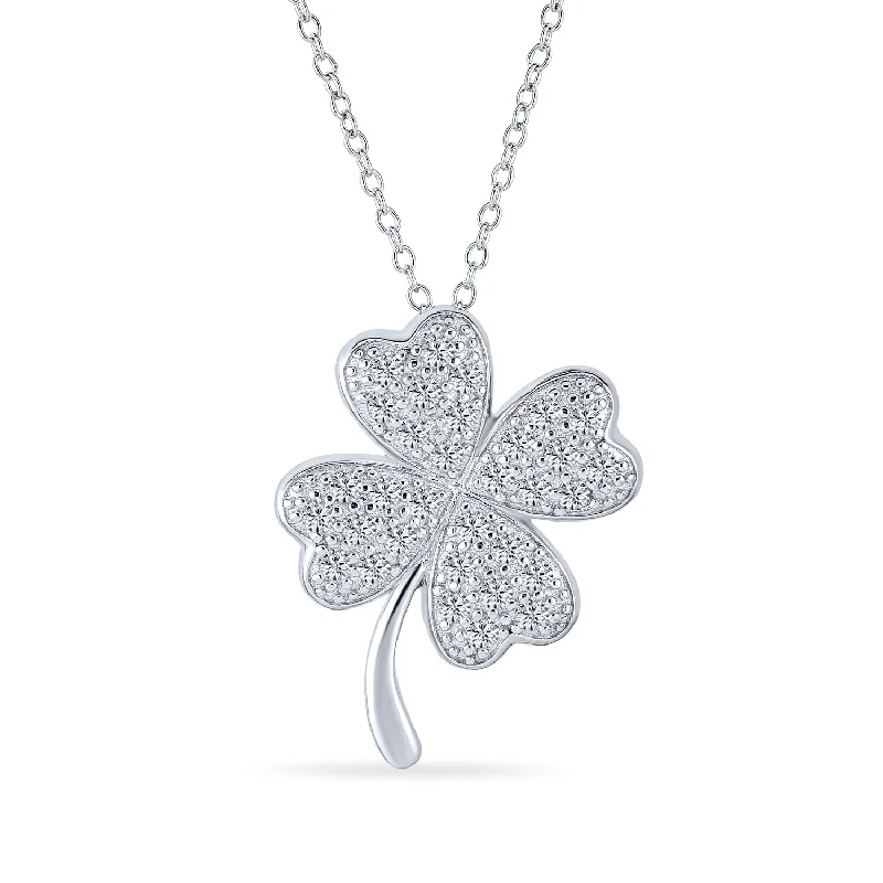 women's necklaces with emerald -Irish Shamrock Four Leaf Clover Pendant Necklace in Sterling Silver with CZ Charm