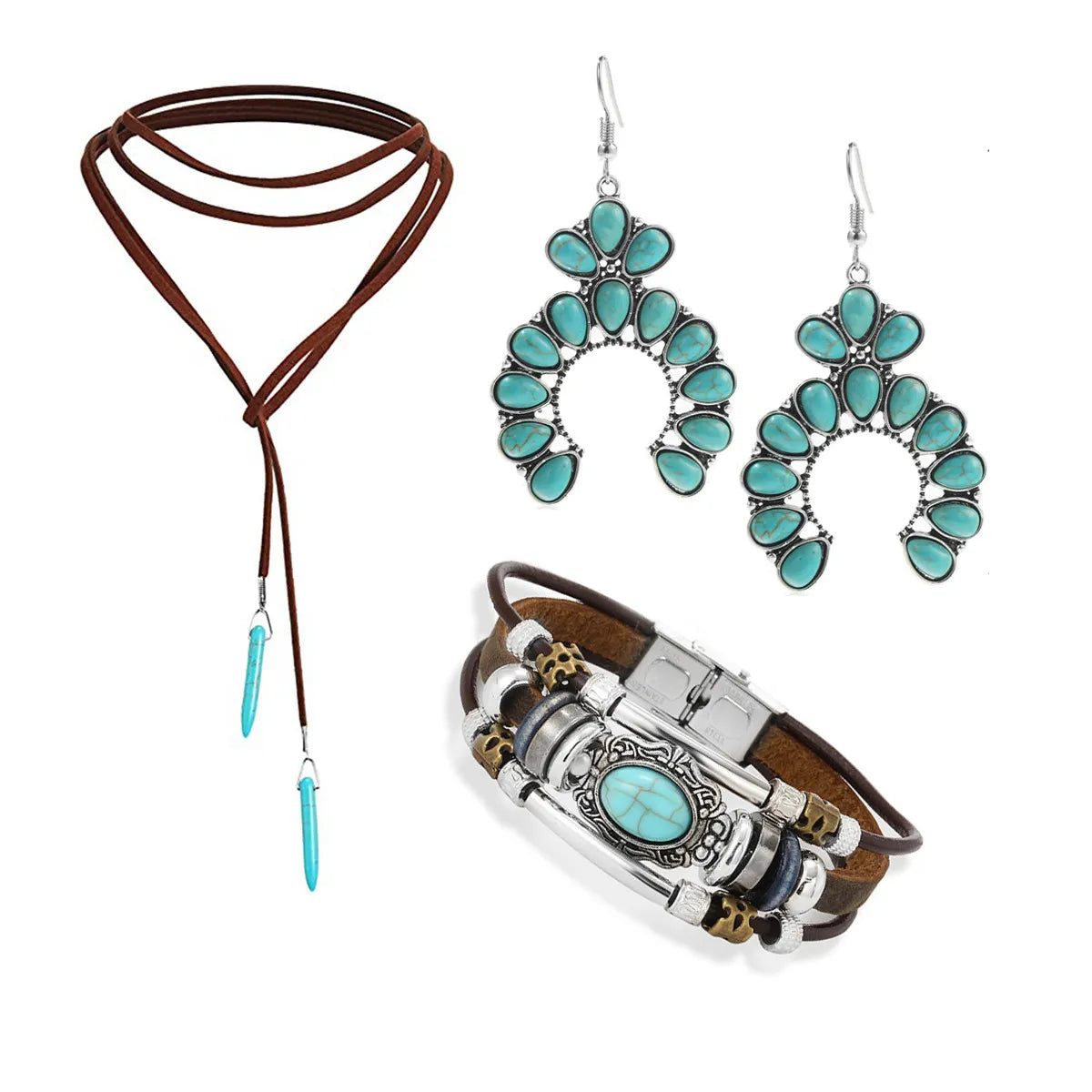 women's bracelets with vintage-inspired style -IG Style Retro Geometric Water Droplets Alloy Inlay Turquoise Women's Bracelets Earrings Necklace