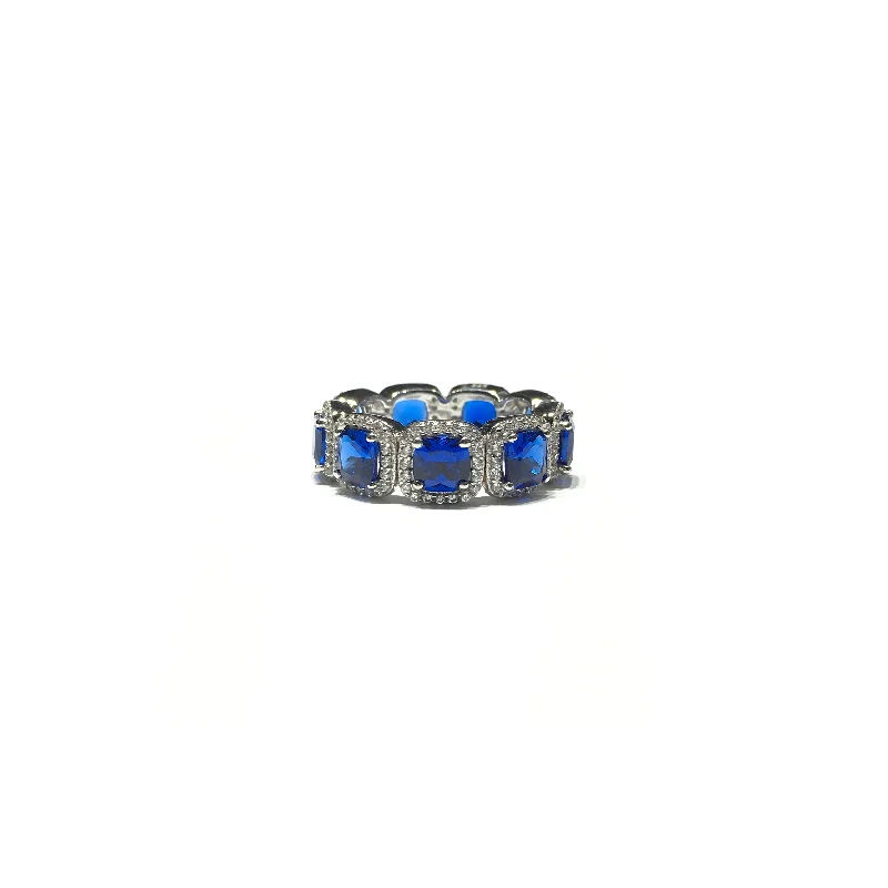 women's rings with unique band design -Blue Cushion-Cut CZ Eternity Halo Ring (Silver)