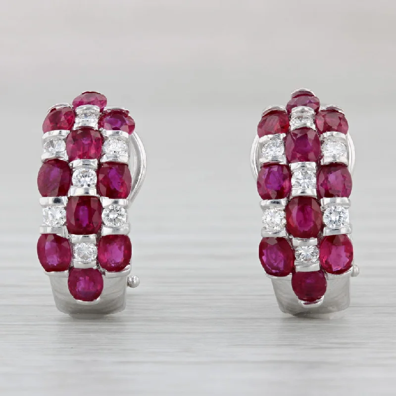 women's earrings with gold-plated finish -5.50ctw Ruby Diamond Half Hoop Earrings 18k White Gold Pierced Omega Backs