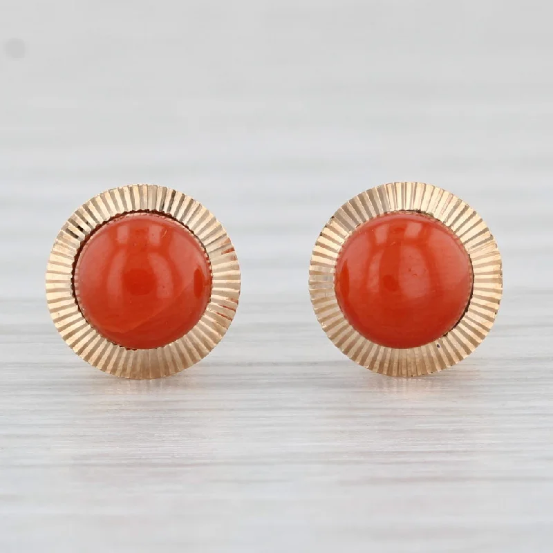 women's earrings with elegant drop design -Coral Button Stud Earrings 18k Yellow Gold Round Bead Solitaires