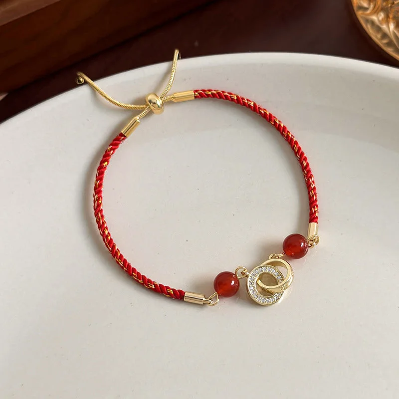 women's bracelets with bold metallic look -Ethnic Style Round Red Rope Copper Plating Gold Plated Women's Bracelets