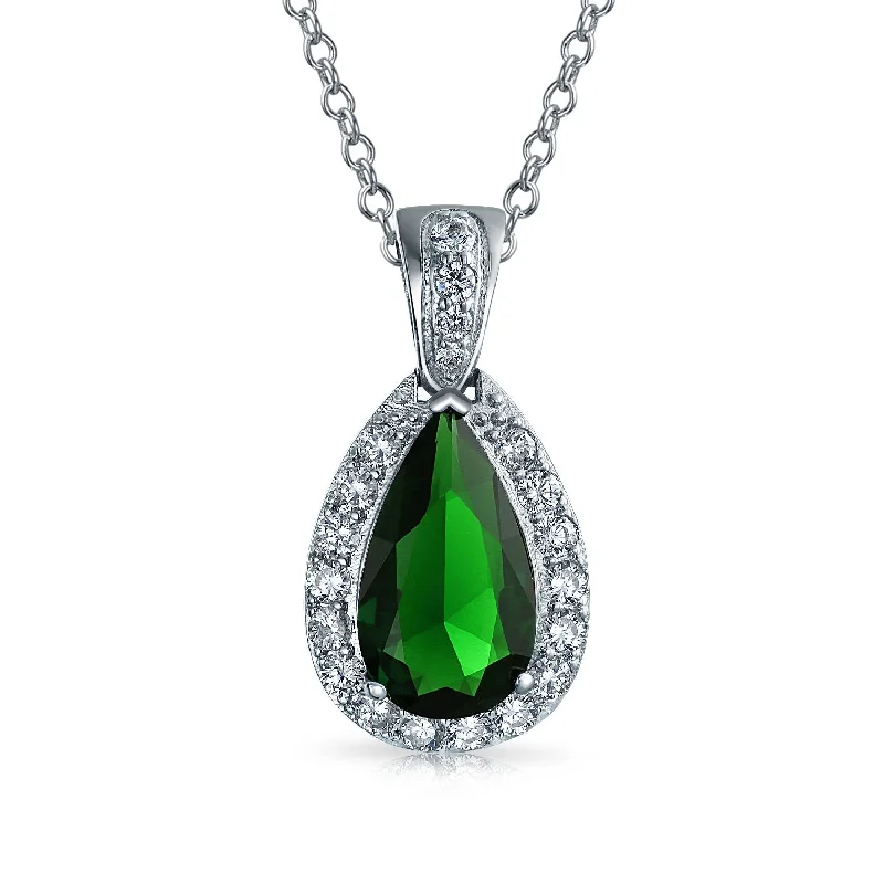 women's necklaces with emerald -Classic Bridal Necklace Pear Shape Teardrop Halo 15CT CZ Gemstone Pendant Silver