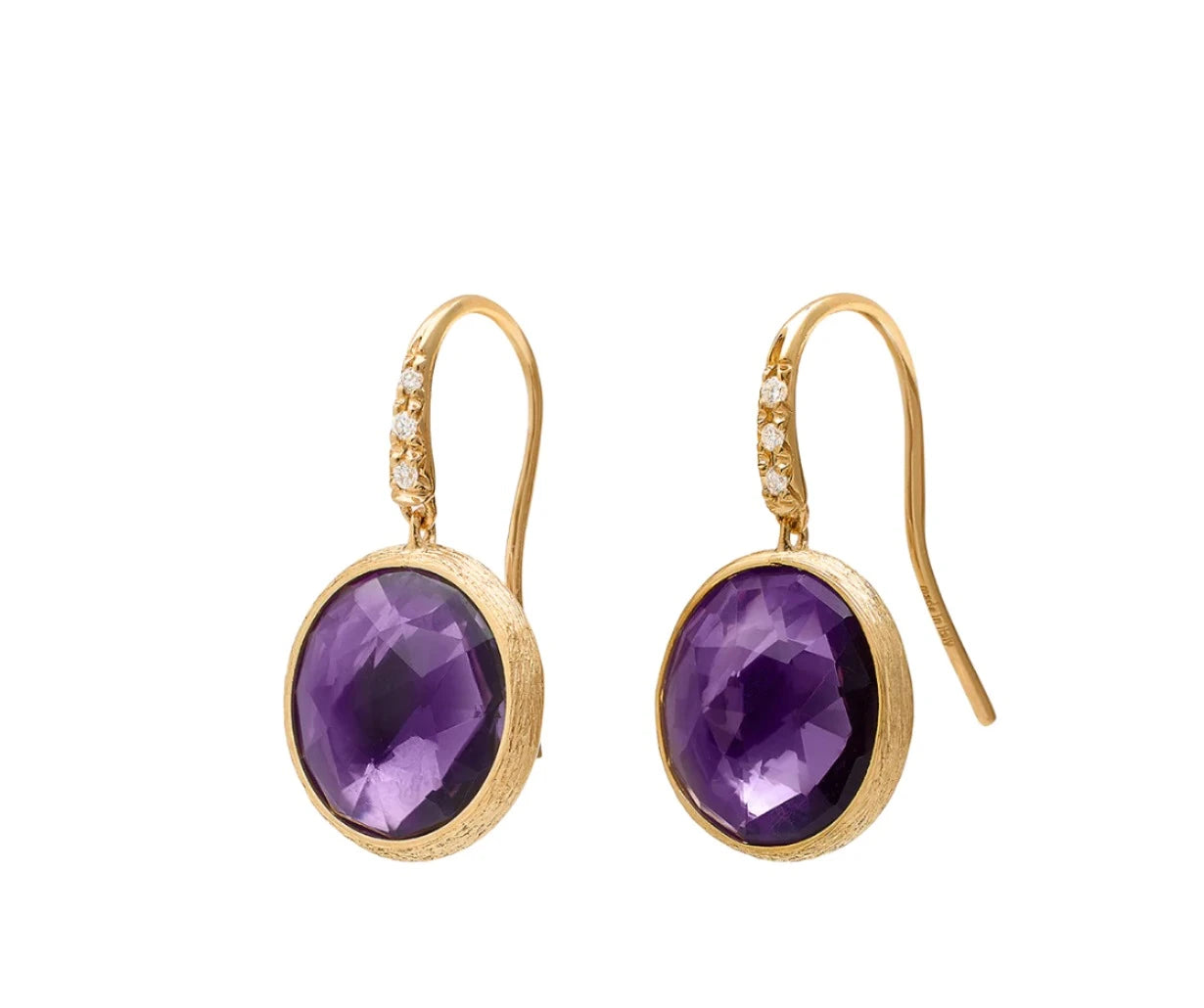 women's earrings with elongated design -Lady's Yellow 18 Karat Drop Earrings W/amethyst and diamond