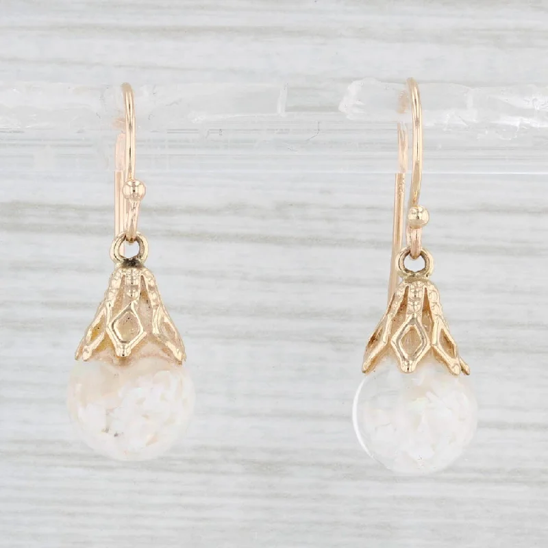 women's earrings with delicate design -Vintage Floating Opals in Glass Drop Earrings 14k Yellow Gold Hook Post Dangles